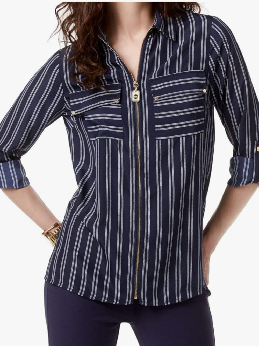 M MICHAEL KORS Blue White Striped Utility Shirt Hi Low Long Sleeves Size Large
